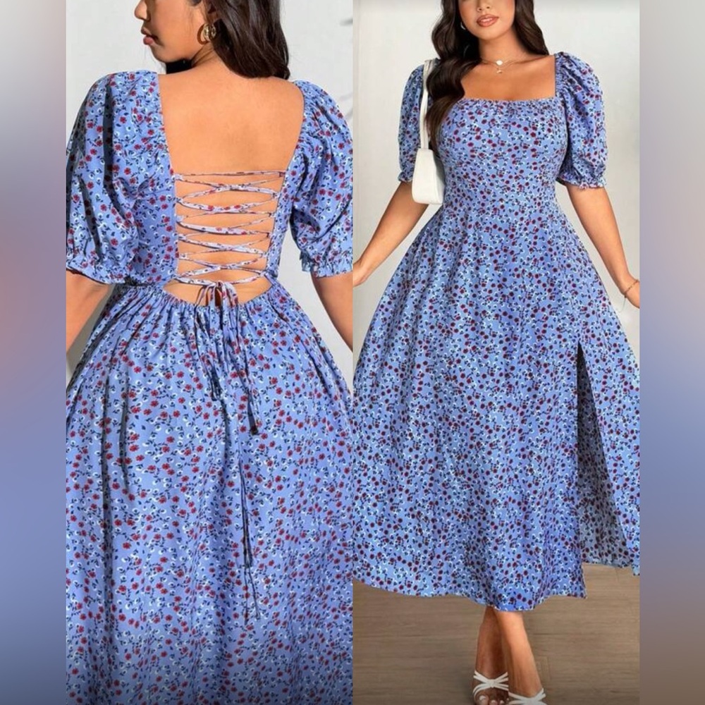 Floral Blue Lace-Up Back Dress - Picture 1 of 8